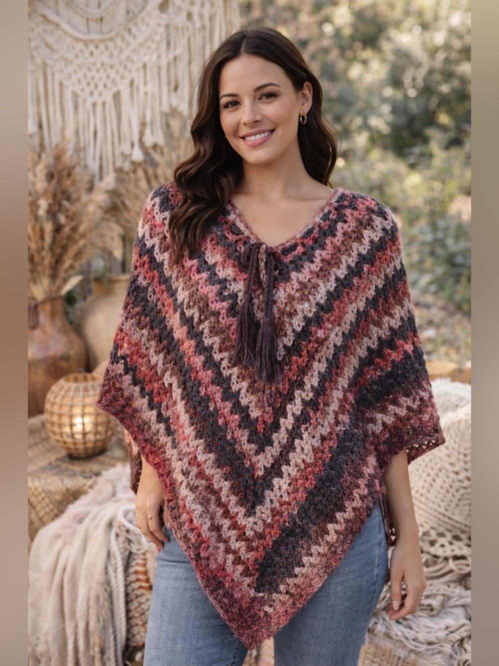 Handmade Crochet Poncho Boho Chevron Knit Tassel Tie Multicolor Fall One Size